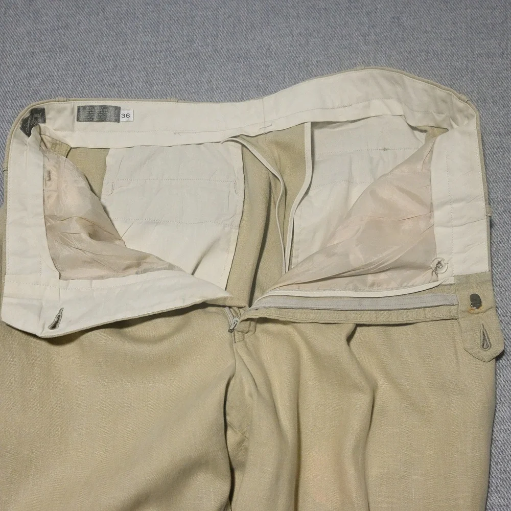 Successo Uomo Trousers Mens Pleated Cuffed 100% Linen 36 Khaki Beige Flaws